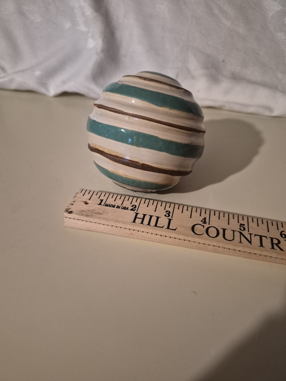 Vintage Striped Ceramic Decorative Sphere in Teal and White